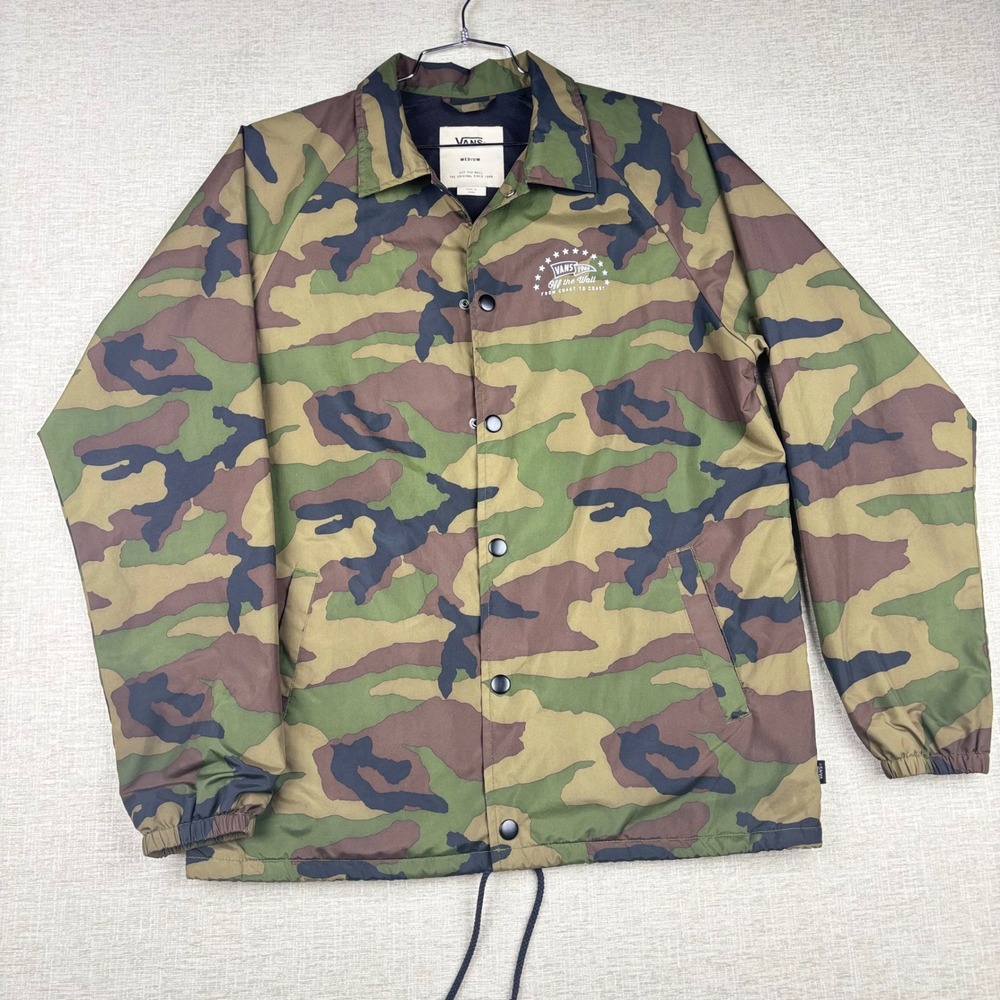 Vans Mens Camo Coach Jacket Off The Wall Graphic Snap Front Green Brown Medium